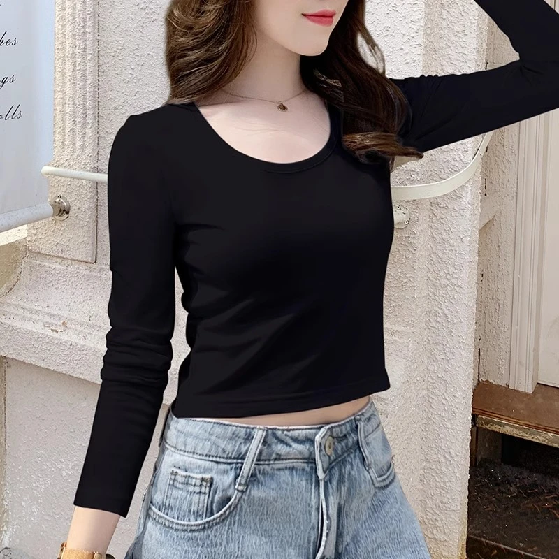 黑色短款t恤女长袖2025年春秋新款正肩棉高腰显瘦露脐打底上衣