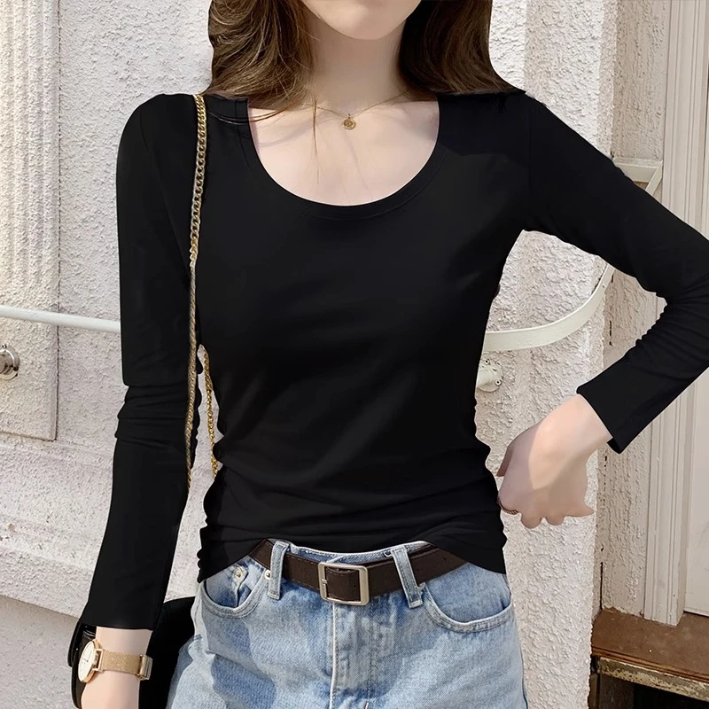黑色长袖t恤女修身显瘦春秋百搭正肩纯棉打底衫内搭上衣2025新款