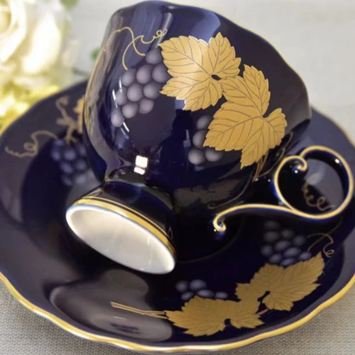 CIHUI 日式家用高级感精致简约复古 金色树叶葡萄咖啡杯碟