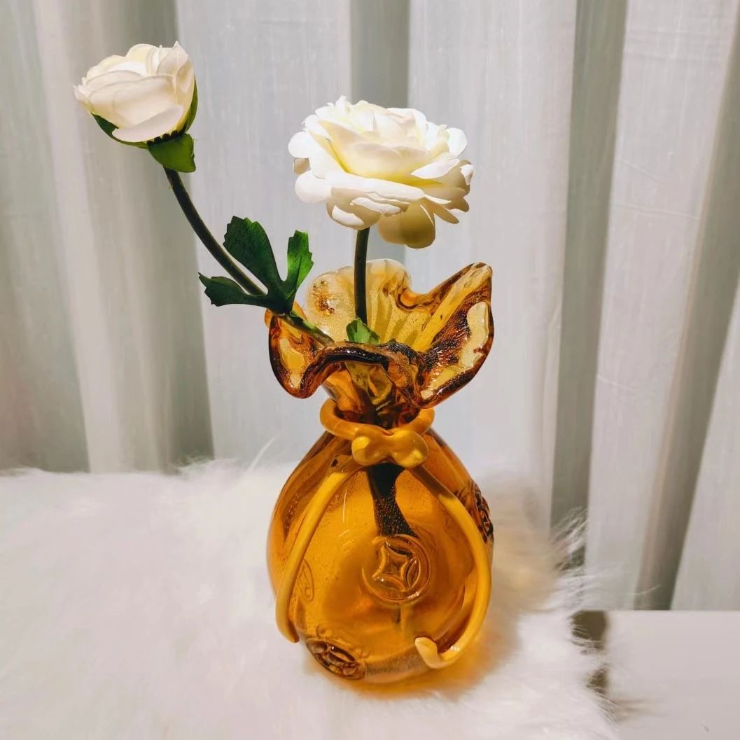 琉璃琥珀色复古裙边花瓶精致 可插花水培家居装饰福袋摆件21cm