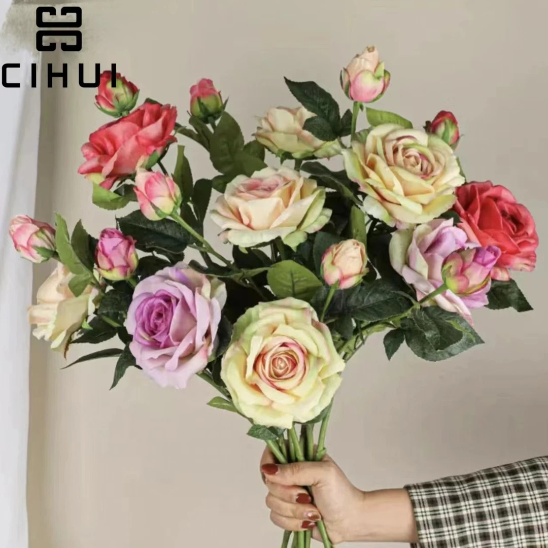 [9朵]仿真红色玫瑰花仿真花束高档装饰盘摆设拍照小道具背景装饰