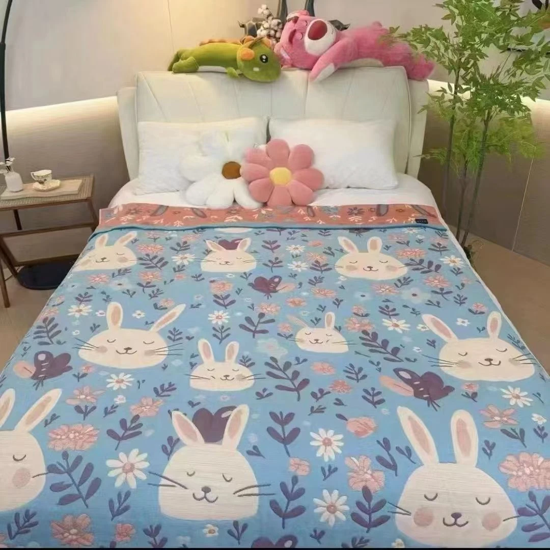 透气彩棉【纱布毛巾被】<兰花兔>150X200cm<±5cm> 单人多功能
