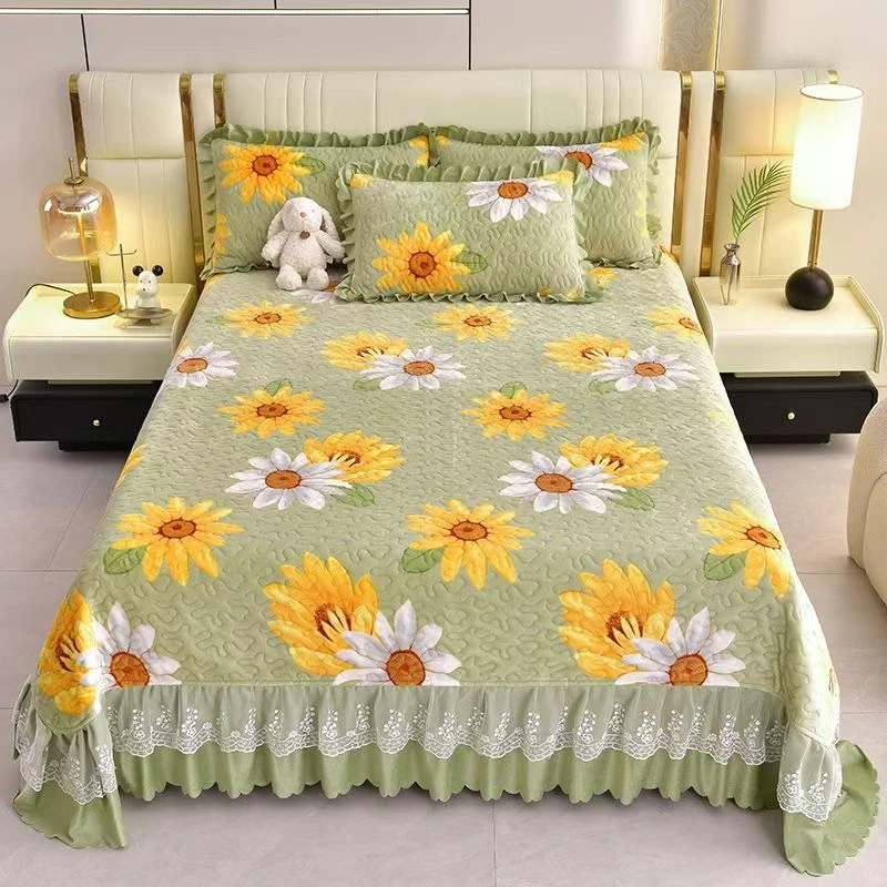 【宝宝绒床盖】<向阳花开-绿>240X240cm<±5cm含裙边>多功能保暖