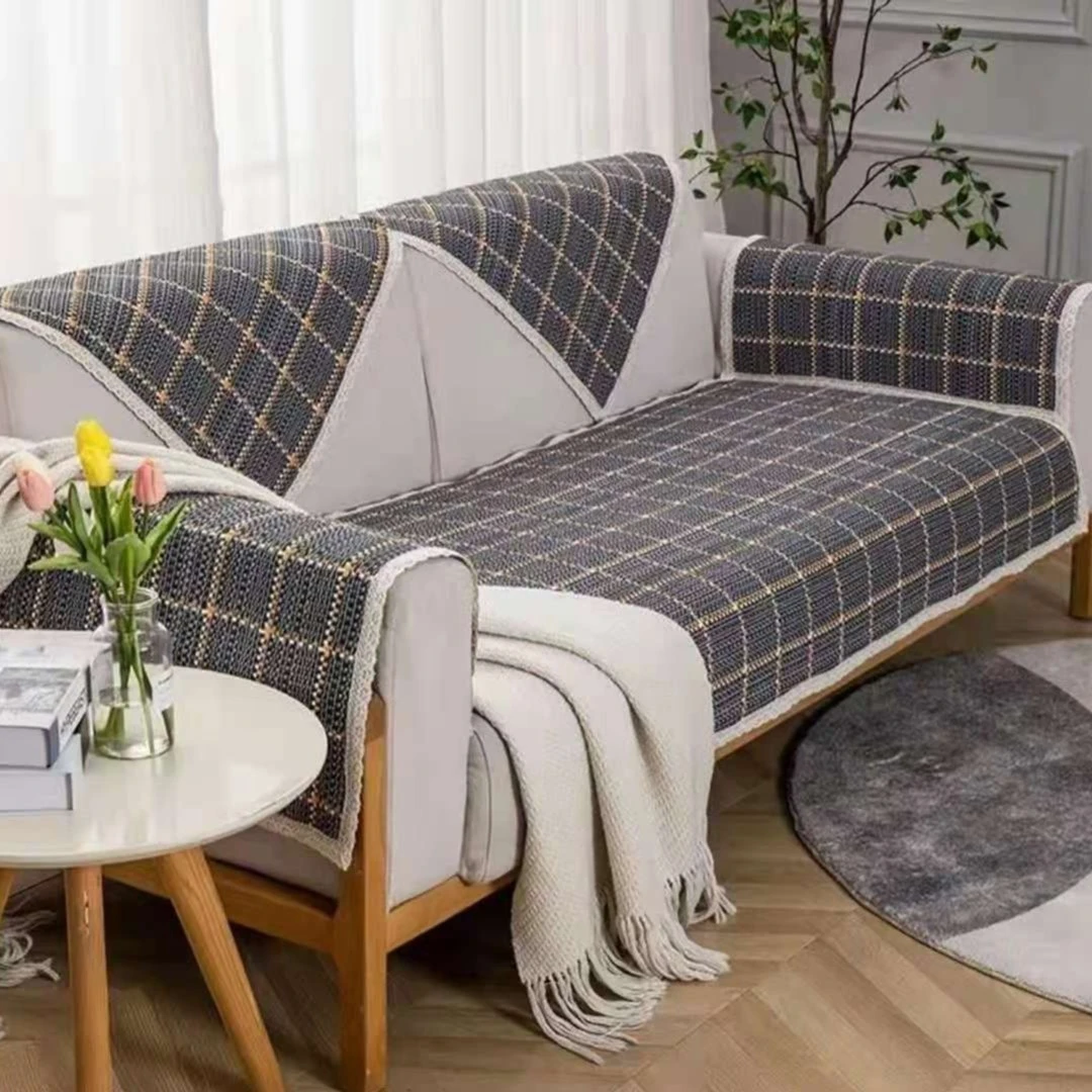 老粗布【沙发巾靠背巾】<1条装>大灰格 90X90cm<±3cm>垫子棉麻