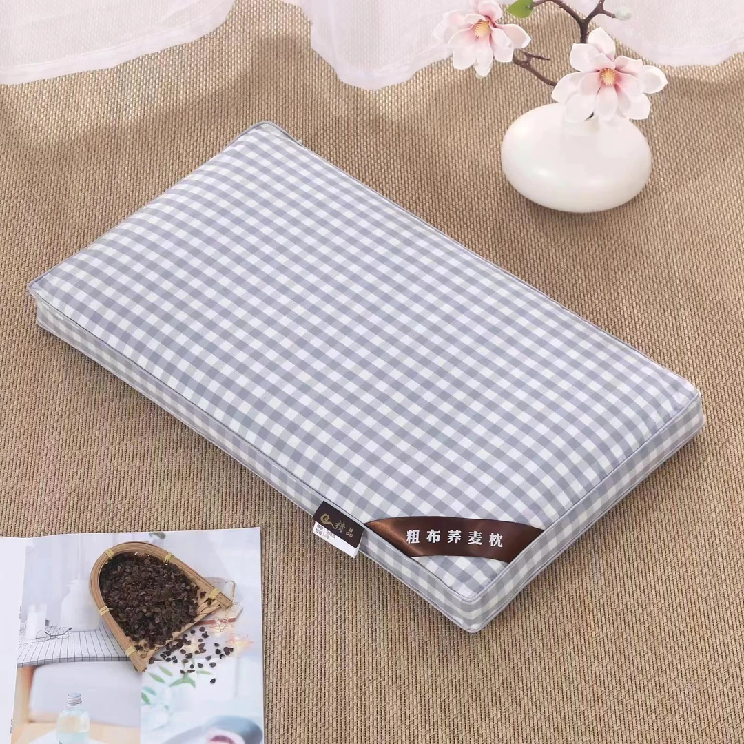 老粗布【立体枕】<灰小格>55X35X10cm<±3cm>荞麦枕头单人 家用