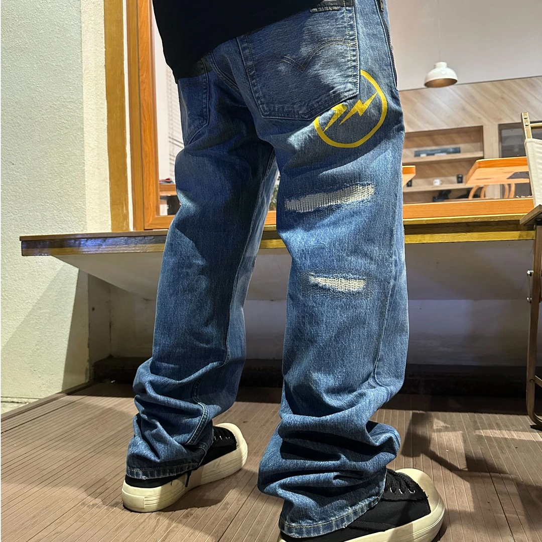 C10黄闪电直桶宽松复古休闲百搭日潮流行水洗破洞牛仔裤