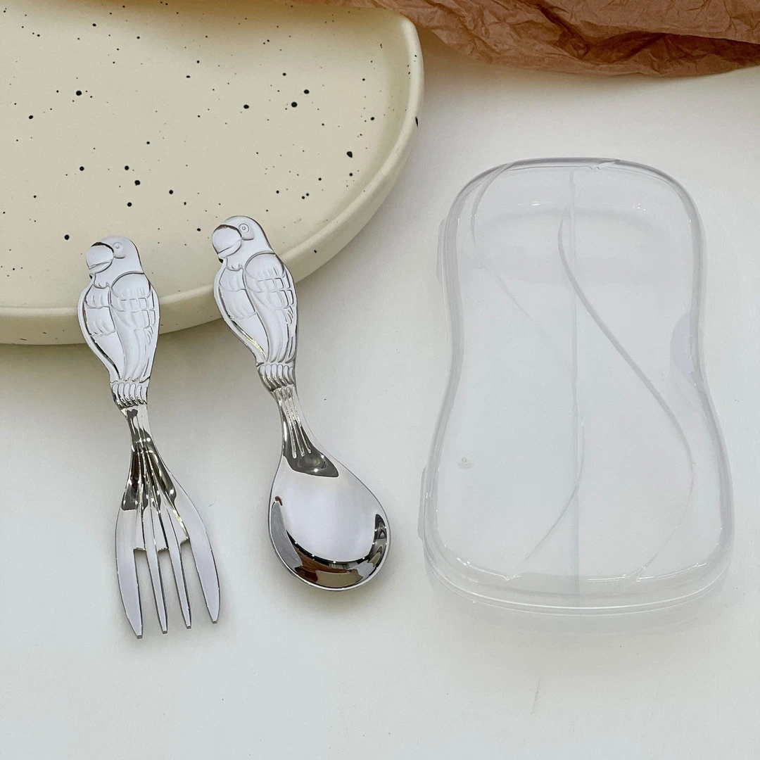 18/10儿童勺叉套装 可爱鹦鹉勺叉配收纳盒 便携式钢勺儿童餐具