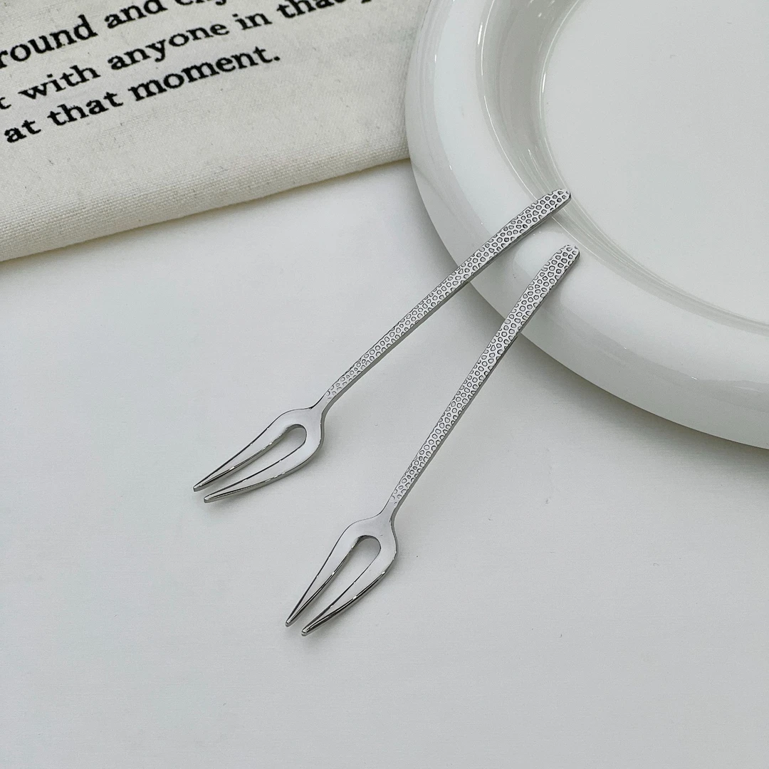 316L锤纹小水果叉 不锈钢 迷你可爱甜品叉 精致小巧蛋糕叉 韩式