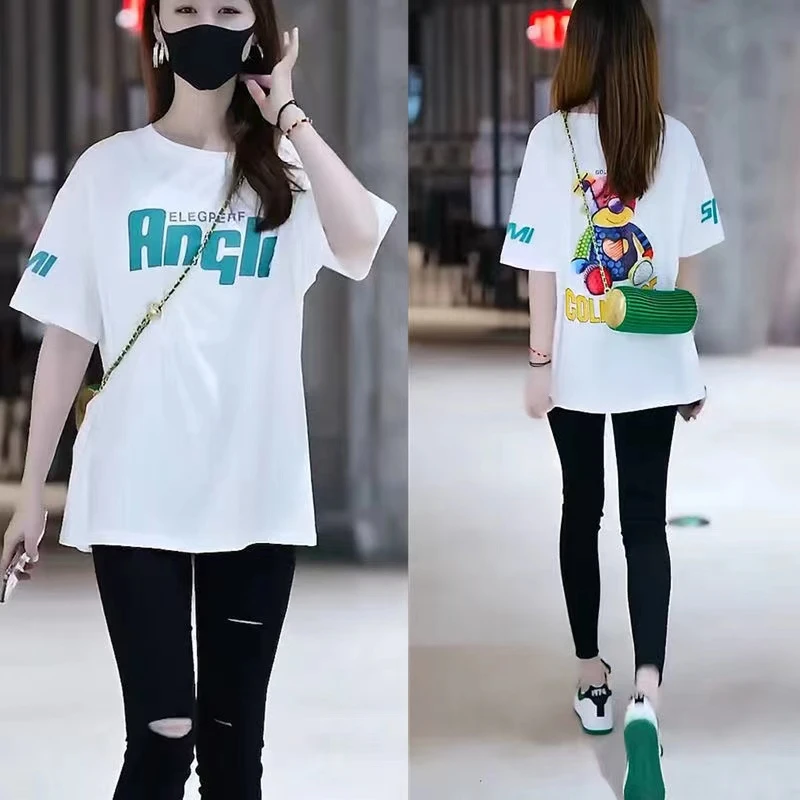 棉质短袖T恤女夏2023新款韩版时尚宽松印花圆领半袖百搭减龄体恤