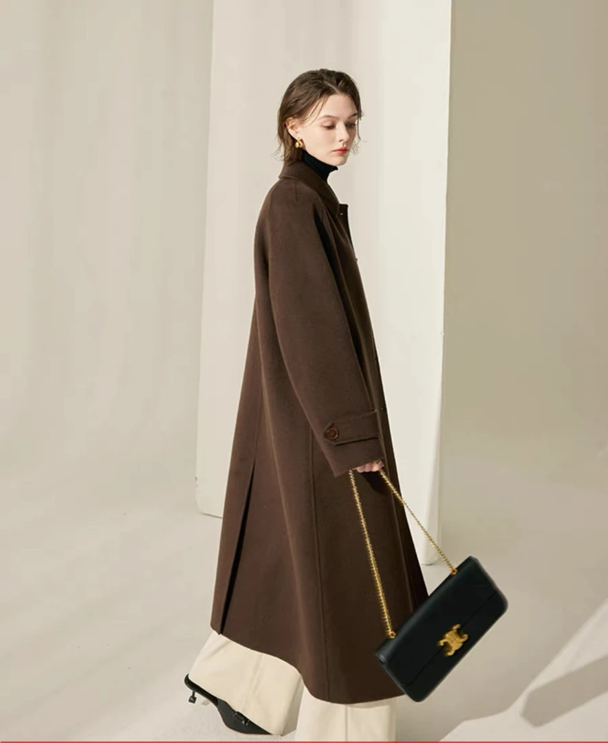 【浥尘女装】新品【牦牛绒】桑蚕丝双面毛呢外套 韩版长款大衣女士