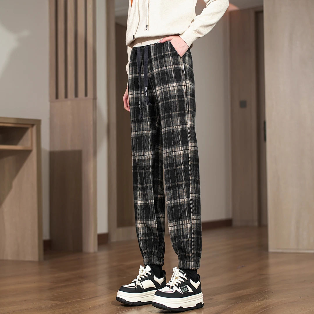 加绒保暖毛呢束脚裤女装2025秋冬新款抽绳收腰显瘦格子休闲运动裤
