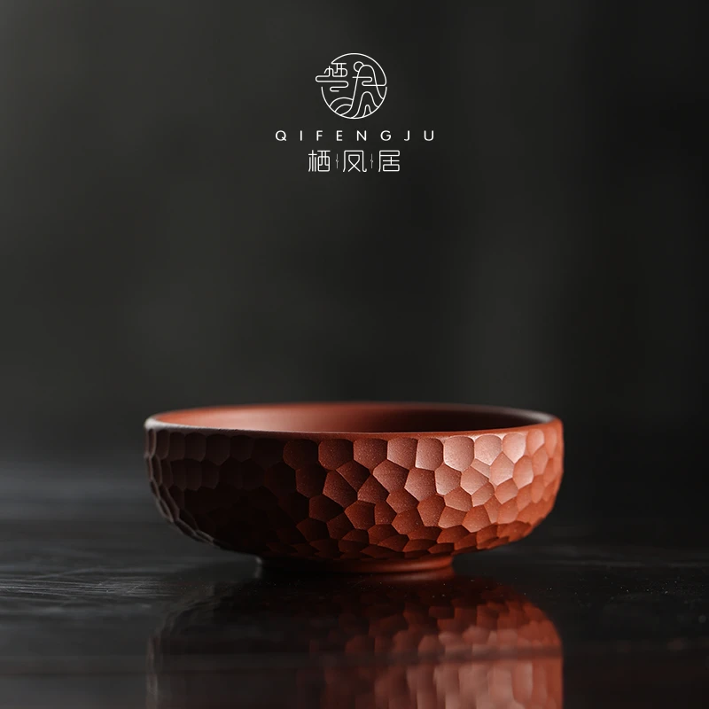 QIFENGJV/栖凤居朱泥锤纹紫砂茶杯家用泡茶品茗杯加厚防烫小茶杯