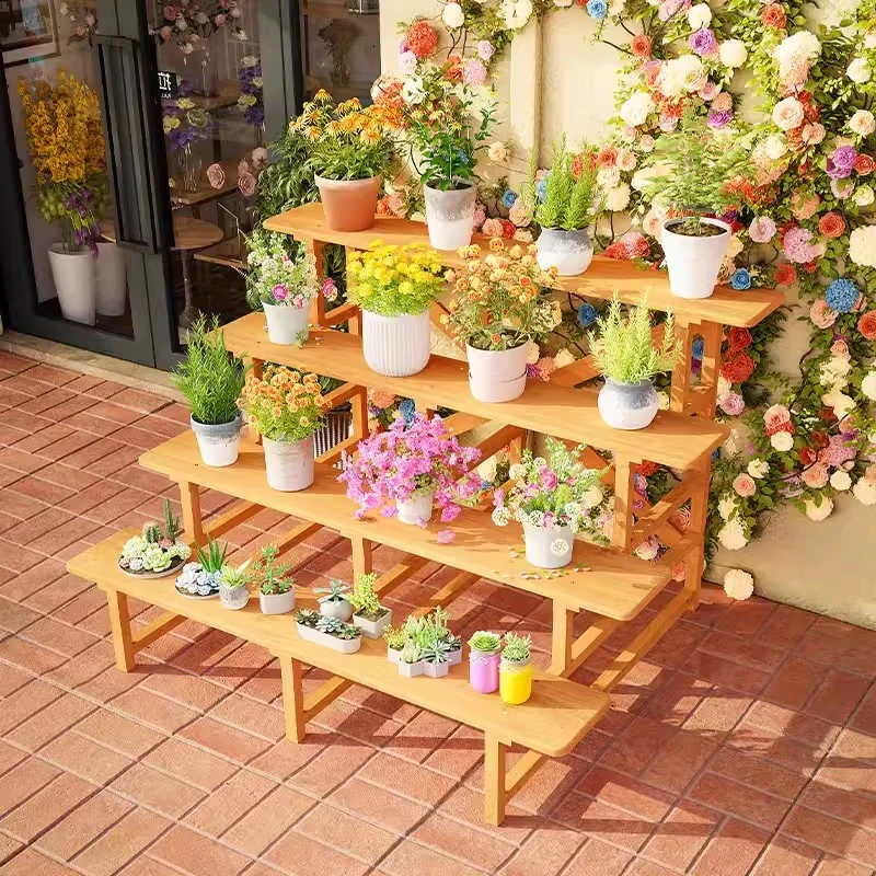 室外庭院三层实木台阶式花架户外露天阳台长条木制展示置物架组装