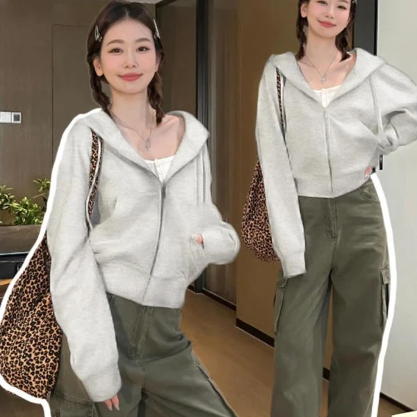 灰色拉链短款卫衣外套女春秋季初秋上衣修身收腰美式早秋穿搭连帽