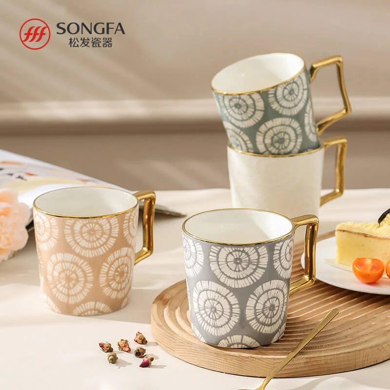 松发瓷器雕刻时光浮雕手工描金复古风陶瓷马克杯轻奢颜值ins水杯