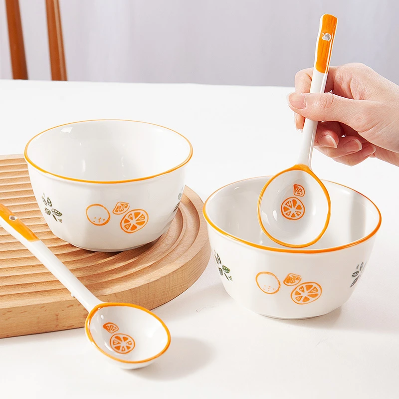 松发瓷器釉下彩小清新陶瓷2碗2勺家用米饭碗吃饭个性餐具