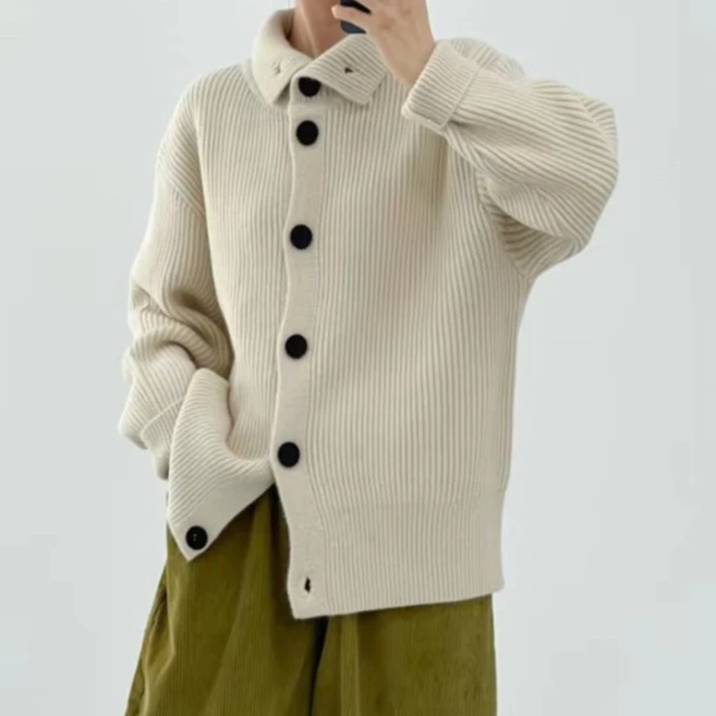 加厚纯色毛衣开衫外套女2023新款简约宽松慵懒风高领单排扣针织衫