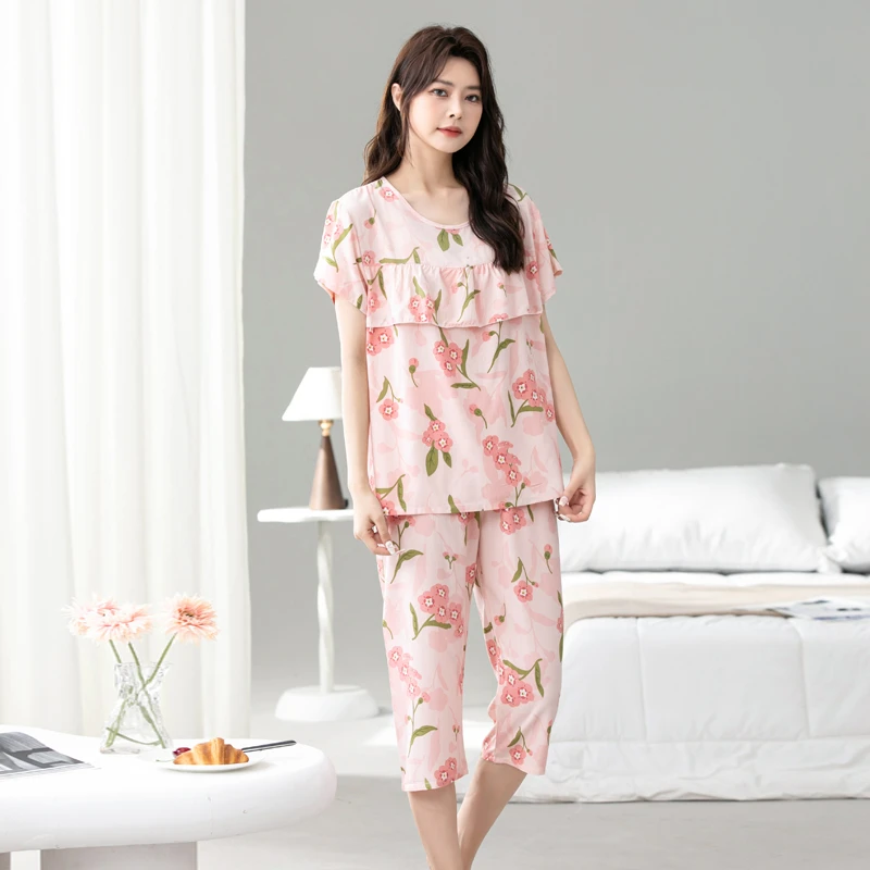 夏季新款短袖睡衣女套装大码舒适棉绸两件套防凸点宽松棉绸套装