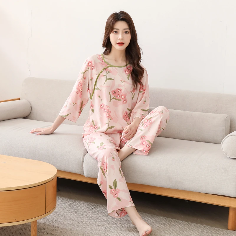 春夏新款女士家居服套装国风印花棉绸两件套薄款宽松新中式睡衣