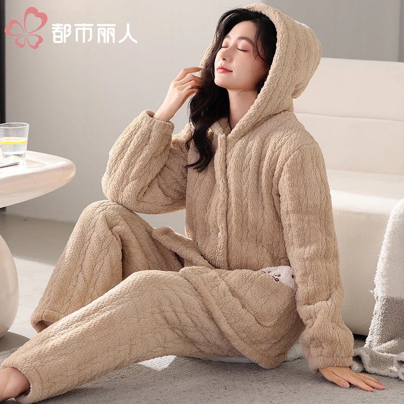 都市丽人睡衣【穿到零下20度】冬季带帽牛奶绒女士卡通加绒家居服集