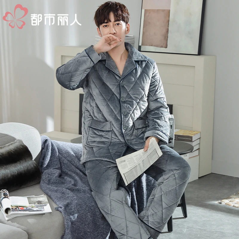 都市丽人睡衣【穿到零下20度】三层夹棉特厚加绒深灰夹棉家居服套