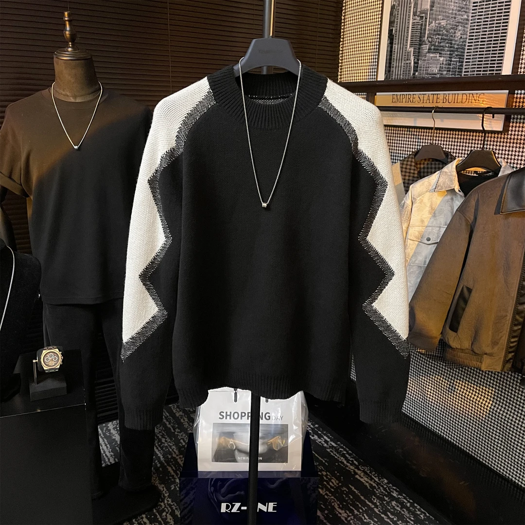 【清仓】撞色设计长袖针织休闲圆领毛衣轻奢男士保暖百搭潮流