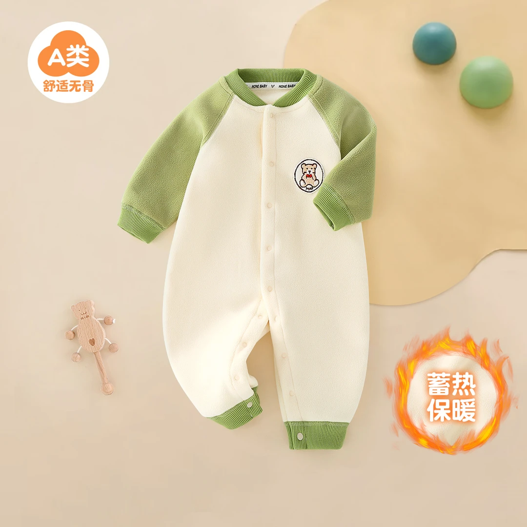 婴儿春秋冬季奥利绒连体衣长袖新生儿衣服外出舒适亲肤哈衣秋季