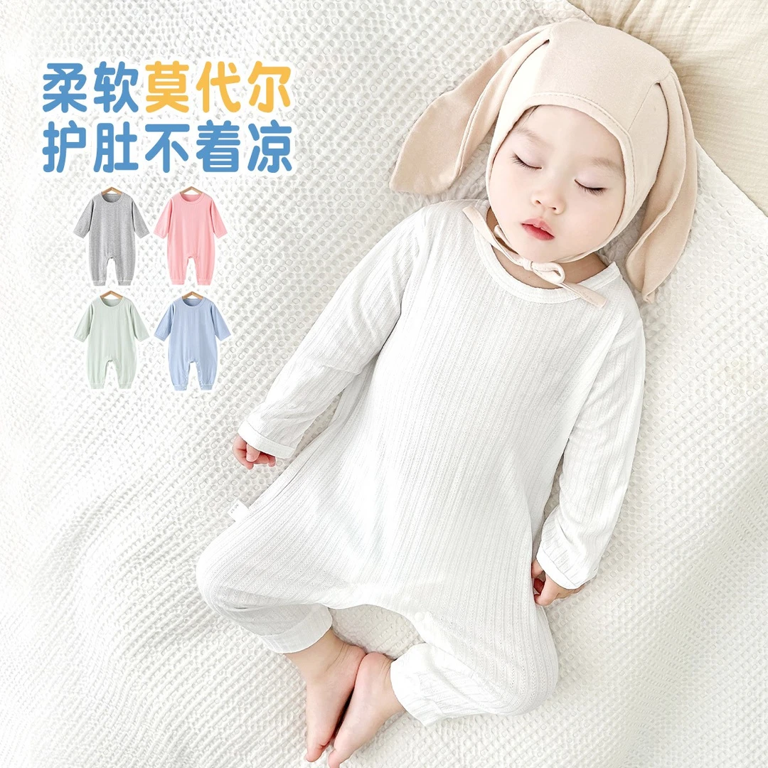 婴儿套头连体衣M代尔春秋夏季长袖薄款夏天睡衣连体衣宝宝空调服