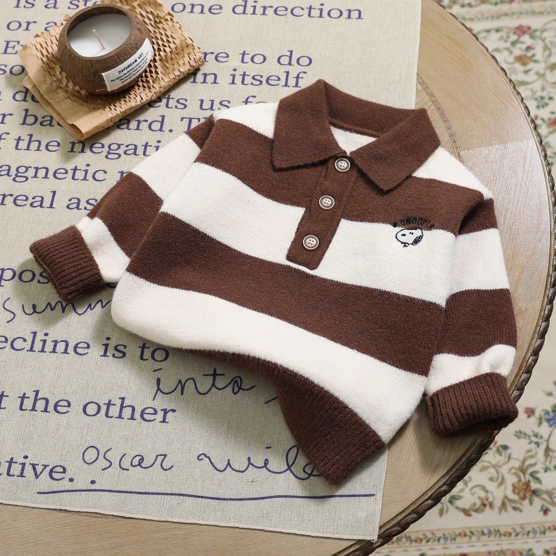 史努比毛衣男童条纹翻领冬季保暖儿童针织衫中小童宝宝打底