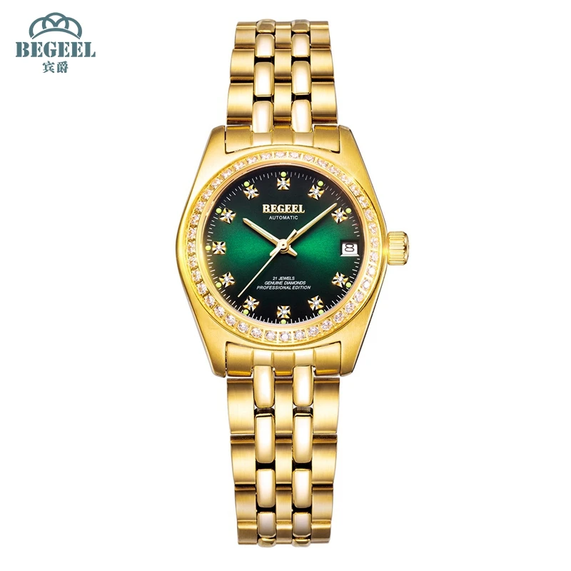 【港口直发】宾爵BEGEEL豹眼绿光11颗真钻防水双日历机械女表腕表
