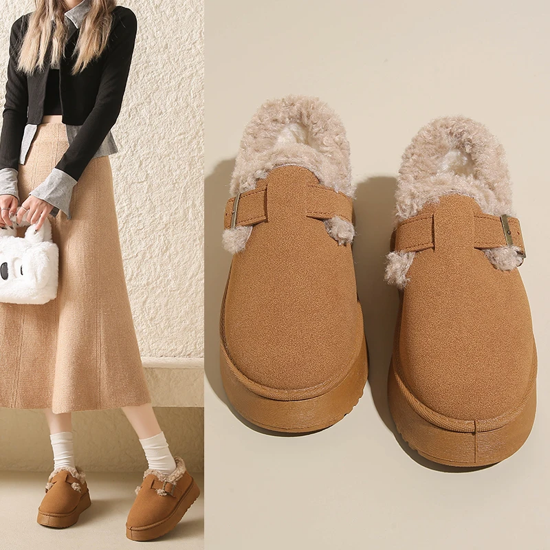 2024冬季新款厚底保暖毛毛鞋女外穿英伦风加绒棉鞋低帮雪地靴子