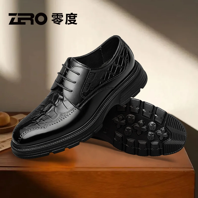 「墨痕」ZRO零度男鞋鳄鱼纹宽脚大头商务正装皮鞋厚底增高德比婚鞋