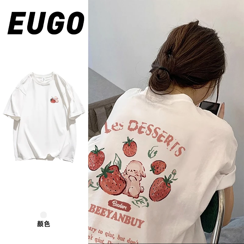 EUGO 纯棉短袖T恤女2024夏季新款宽松卡通印花韩版潮流圆领上衣