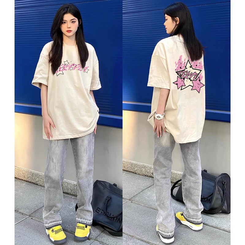 EUGO夏季新款纯棉短袖T恤女宽松星星印花韩版设计感休闲大码上衣