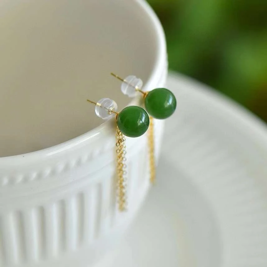 天然老料和田碧玉圆珠流苏耳钉18k金镶嵌女款转运珠耳针耳环耳饰