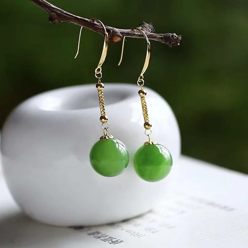 天然老料和田碧玉圆珠耳坠18k厚金镶嵌女士款转运珠耳钩耳环耳饰