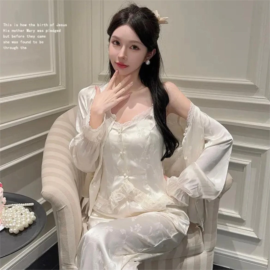 【三件套芭蕾套装】睡衣套装家居服女春夏季时尚纯欲花边吊带睡衣