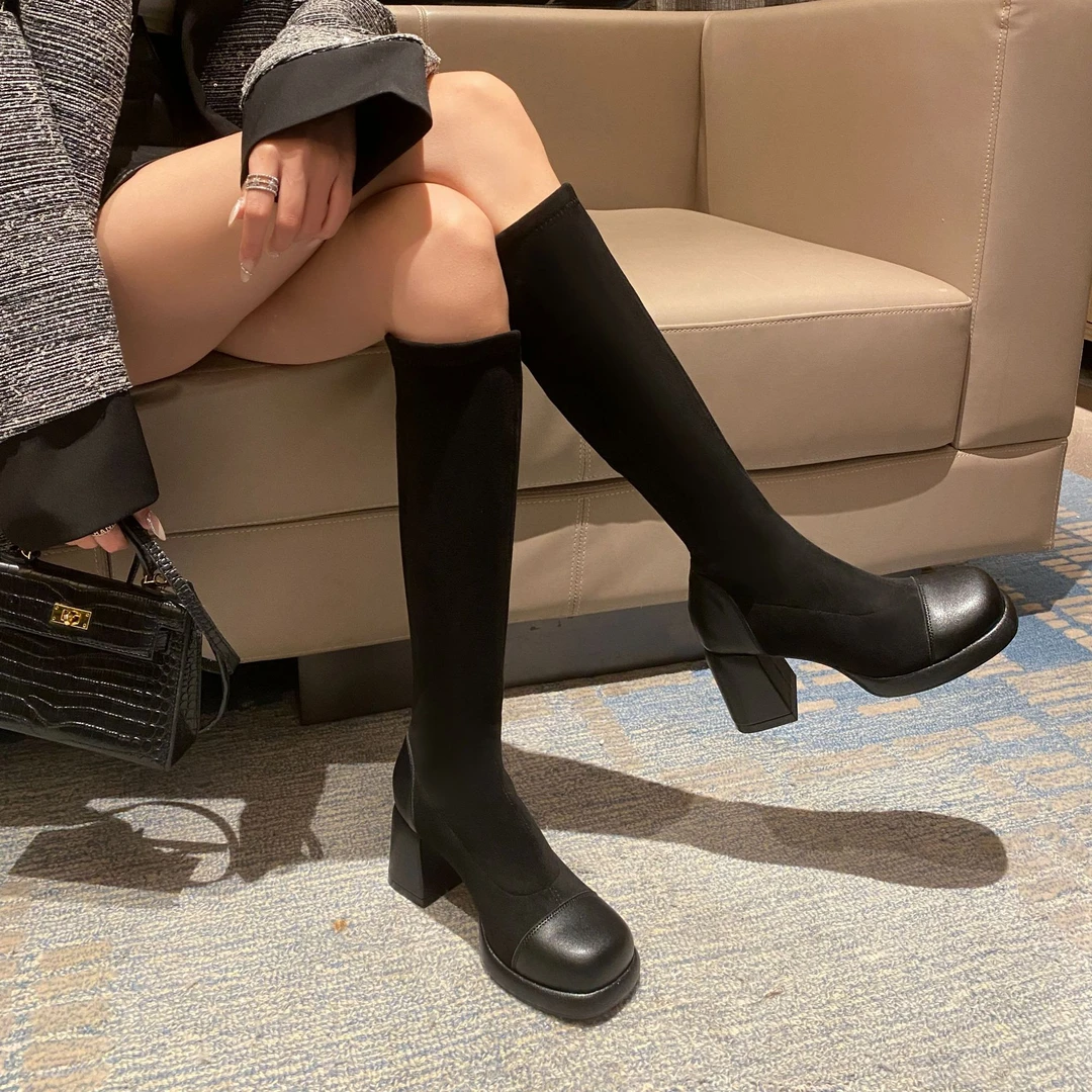 （中筒不过膝）弹力瘦瘦靴2025秋冬新款显瘦粗跟方头舒适女靴
