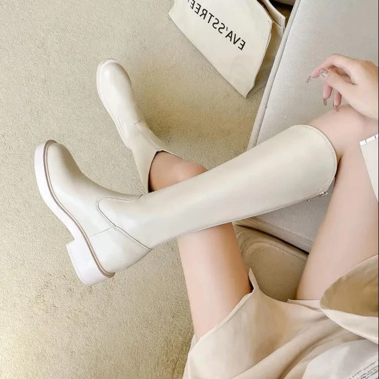 弹力靴小个子内增高白色长筒靴子女秋冬新款圆头百搭马丁靴长靴