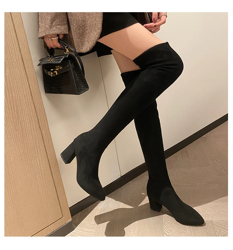 尖头弹力瘦瘦靴2025秋冬高跟显瘦显高粗跟不掉筒中跟加绒长筒靴女
