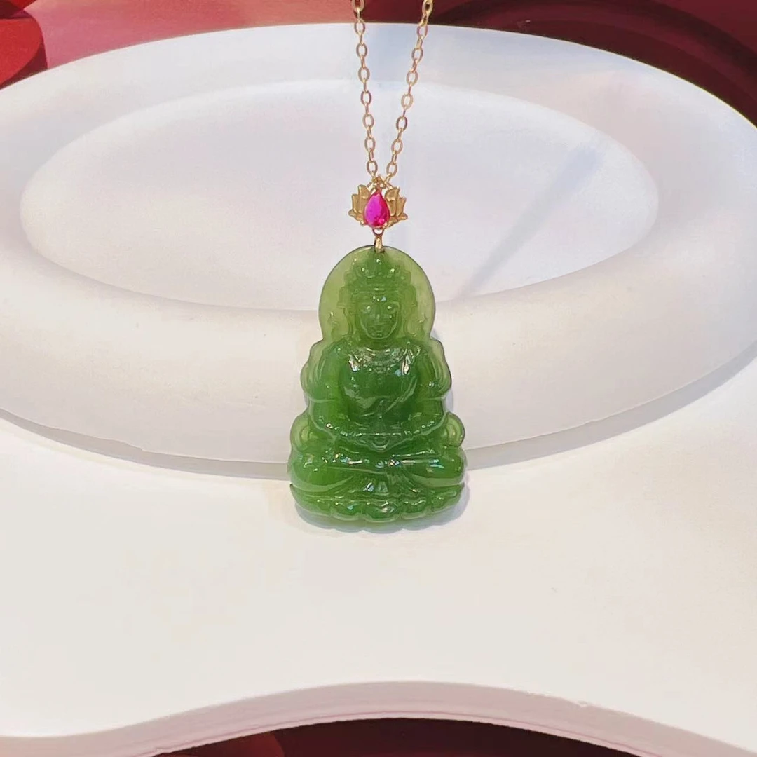 18K金镶和田玉30×20×5碧玉度母吊坠HNZ6552