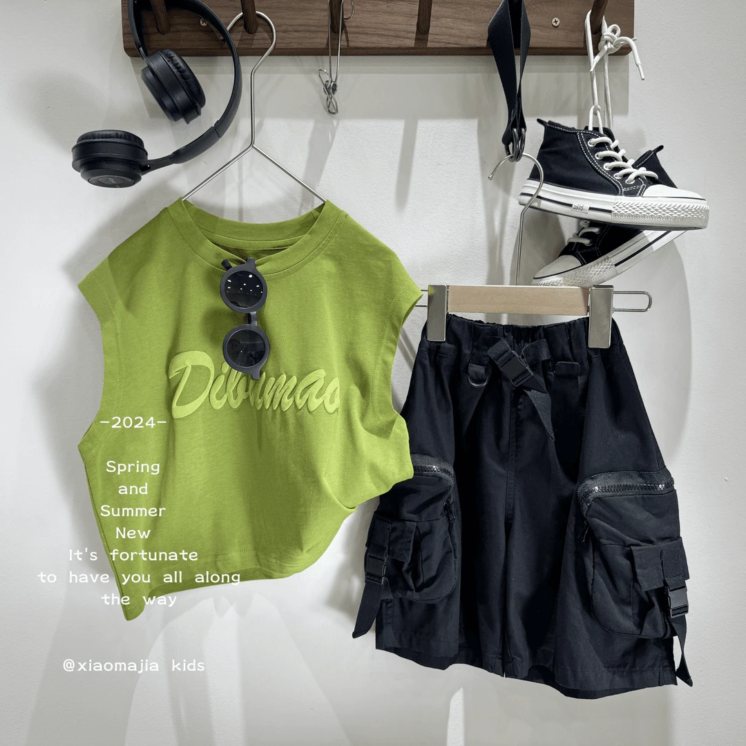 儿童夏季纯色无袖背心百搭潮流时尚绿色简约背心男女韩版两件套潮