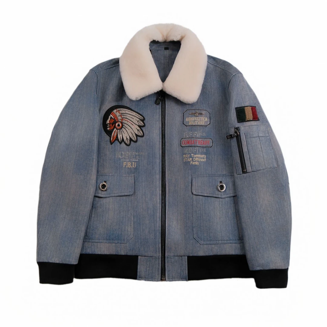 【新品上新】LEESIR暴款时尚翻领刺绣潮流时尚真皮绵羊皮衣Q6空军款