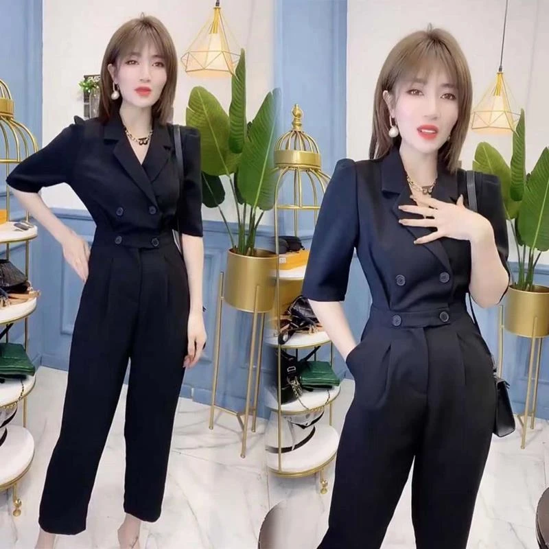 欧洲站2024早秋新款高腰连体衣裤女西服领短袖休闲九分裤显瘦气质