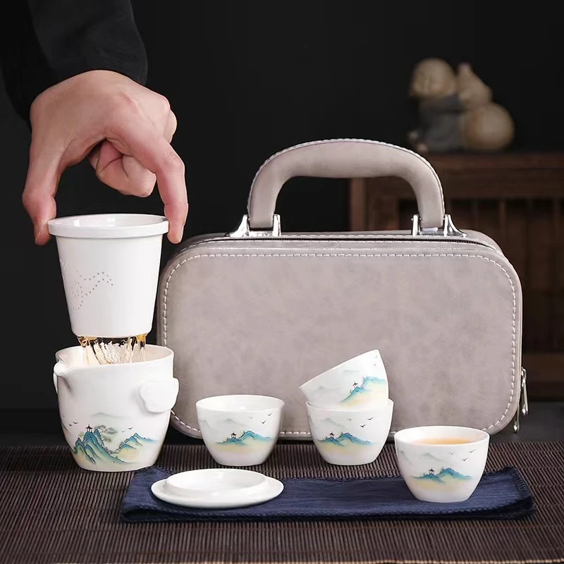 陶瓷快客杯羊脂玉瓷旅行茶具套装便携式一壶四杯二杯商务礼品批发