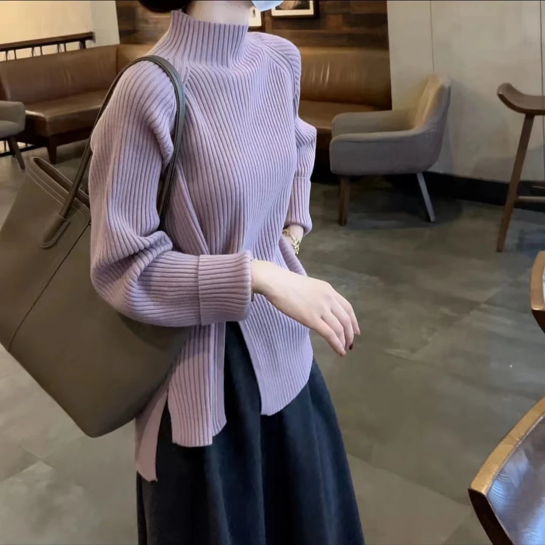 收腰显瘦毛衣2023冬季新款时尚气质百搭半高领内搭竖条纹打底毛衣