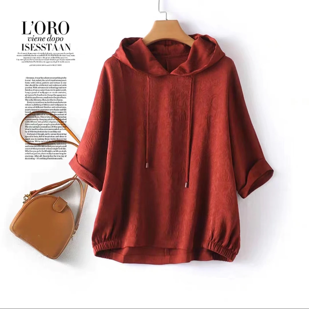 夏装百搭短袖T恤连帽上衣洋气国风提花中年妈妈装显瘦减龄小衫