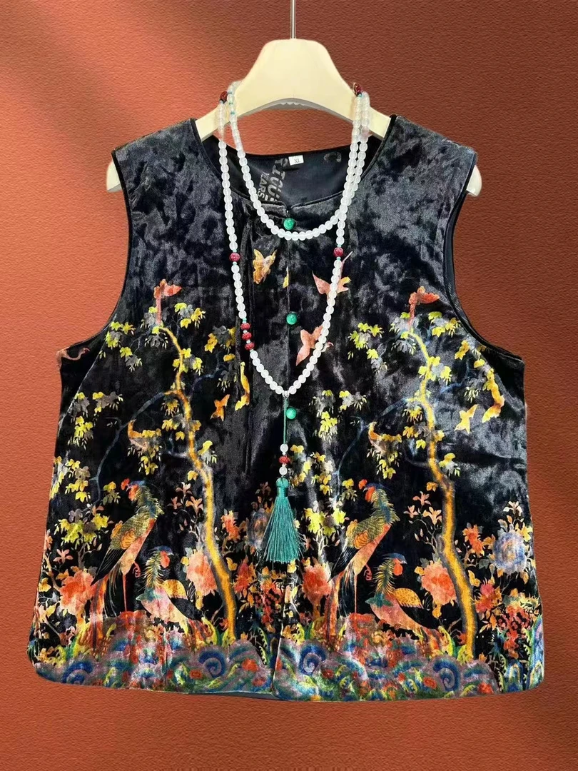 轻奢优雅新中式金丝绒马甲定位印花国风盘扣外套洋气妈妈装女背心