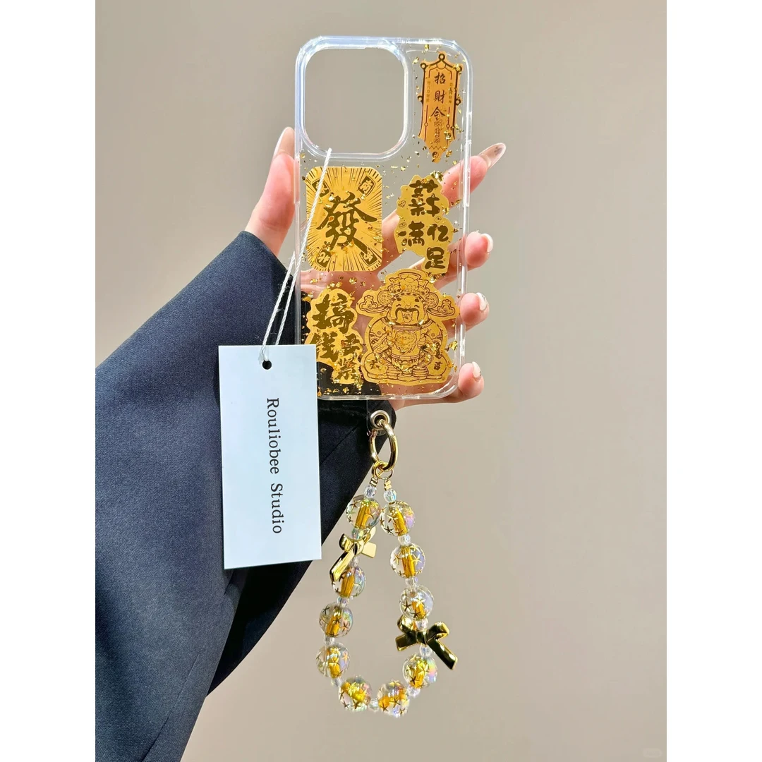 BANCA金箔滴胶文字财神爷挂绳适用苹果16/15/14手机壳13/12软壳11
