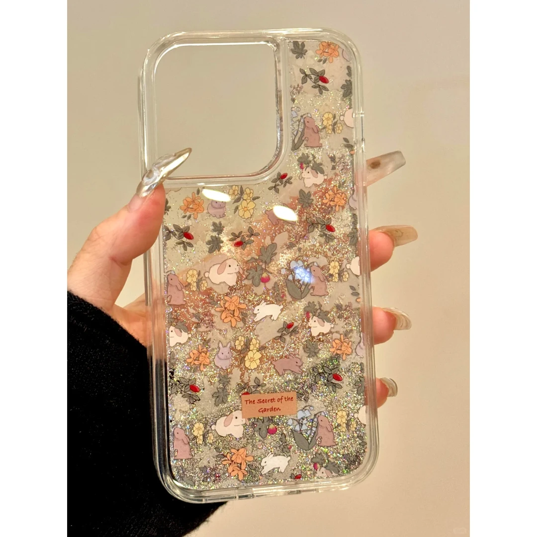 BANCA碎花兔子流沙壳适用iPhone16苹果13/15promax手机壳14/12/11